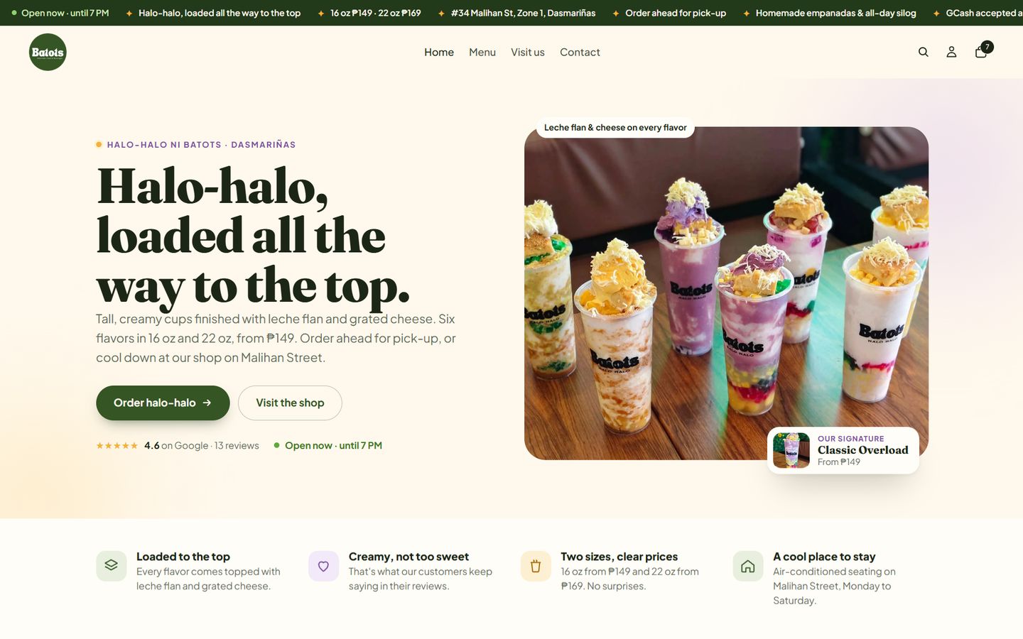 Homepage of the Batot’s Halo-Halo Shopify store on desktop