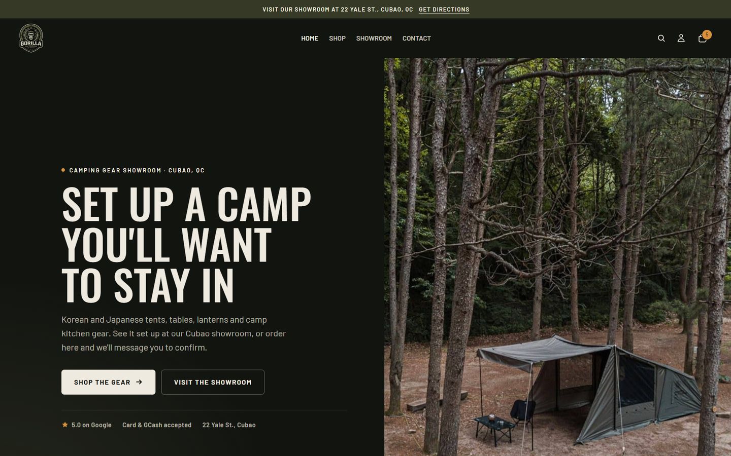 Homepage of the Gorilla Outdoors Shopify store on desktop