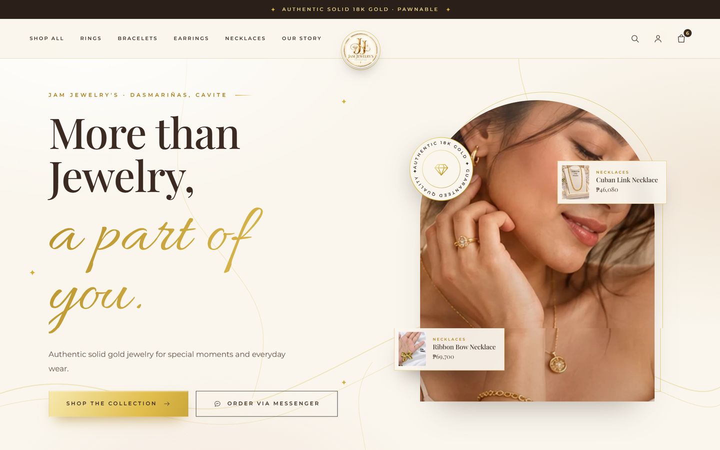 Homepage of the Jam Jewelry’s Shopify store on desktop