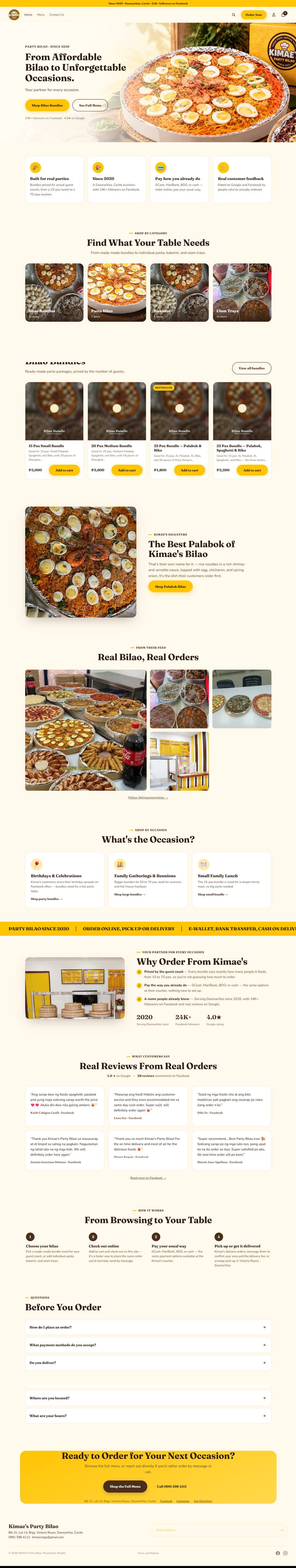 Full homepage of the Kimae’s Party Bilao store