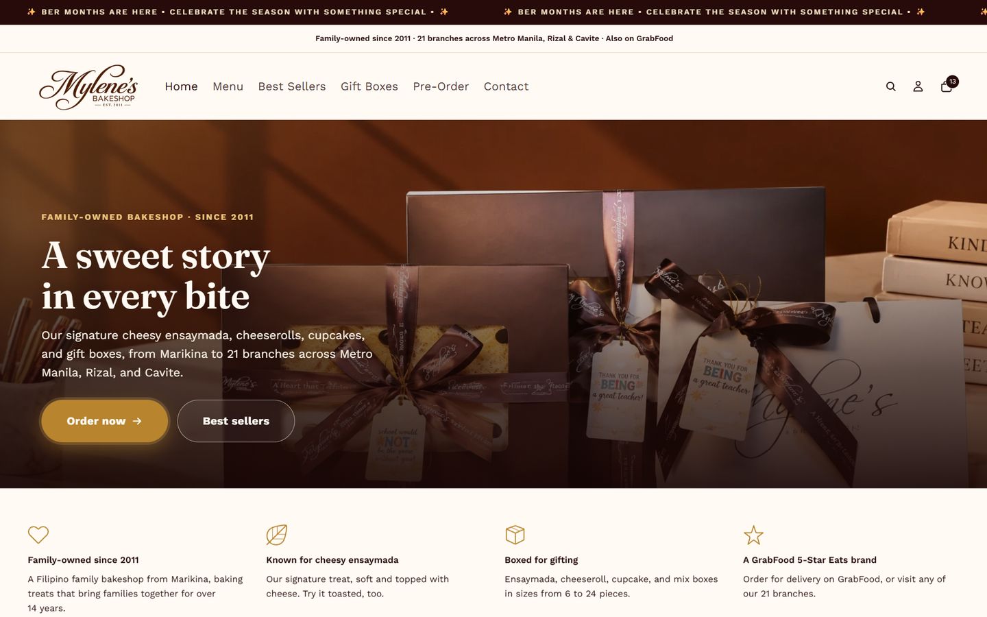 Homepage of the Mylene’s Bakeshop Shopify store on desktop