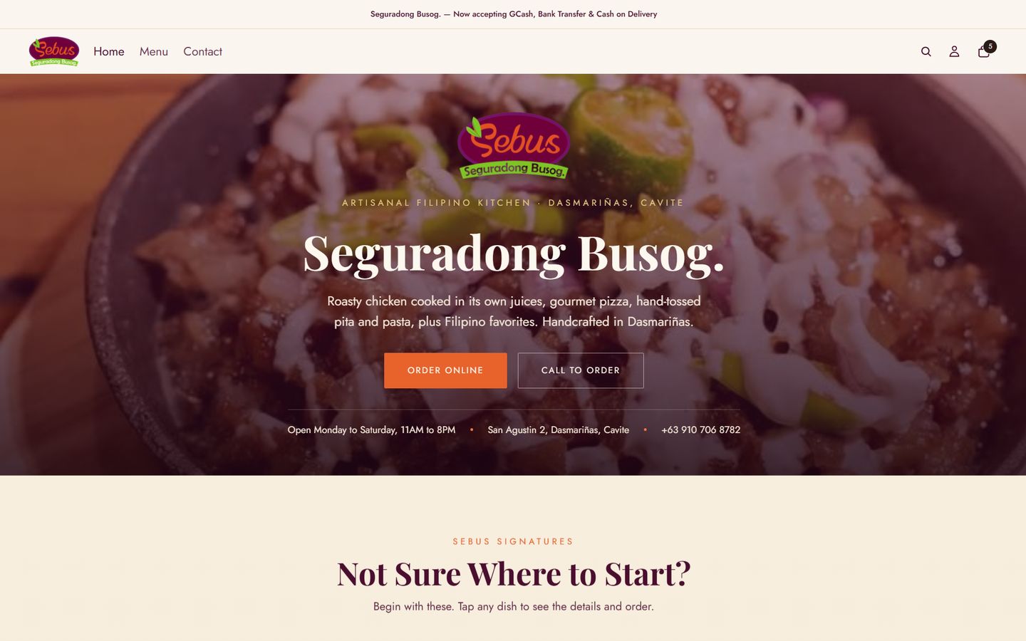 Homepage of the Sebus Restaurant Shopify store on desktop